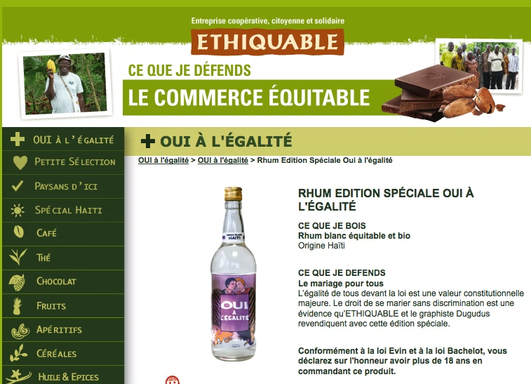 Page originale de la boutique Éthiquable présentant le Rhum Oui à l'Égalité